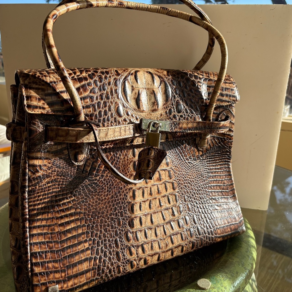 Besso Bag, crocodile embossed leather, brown, tan variations